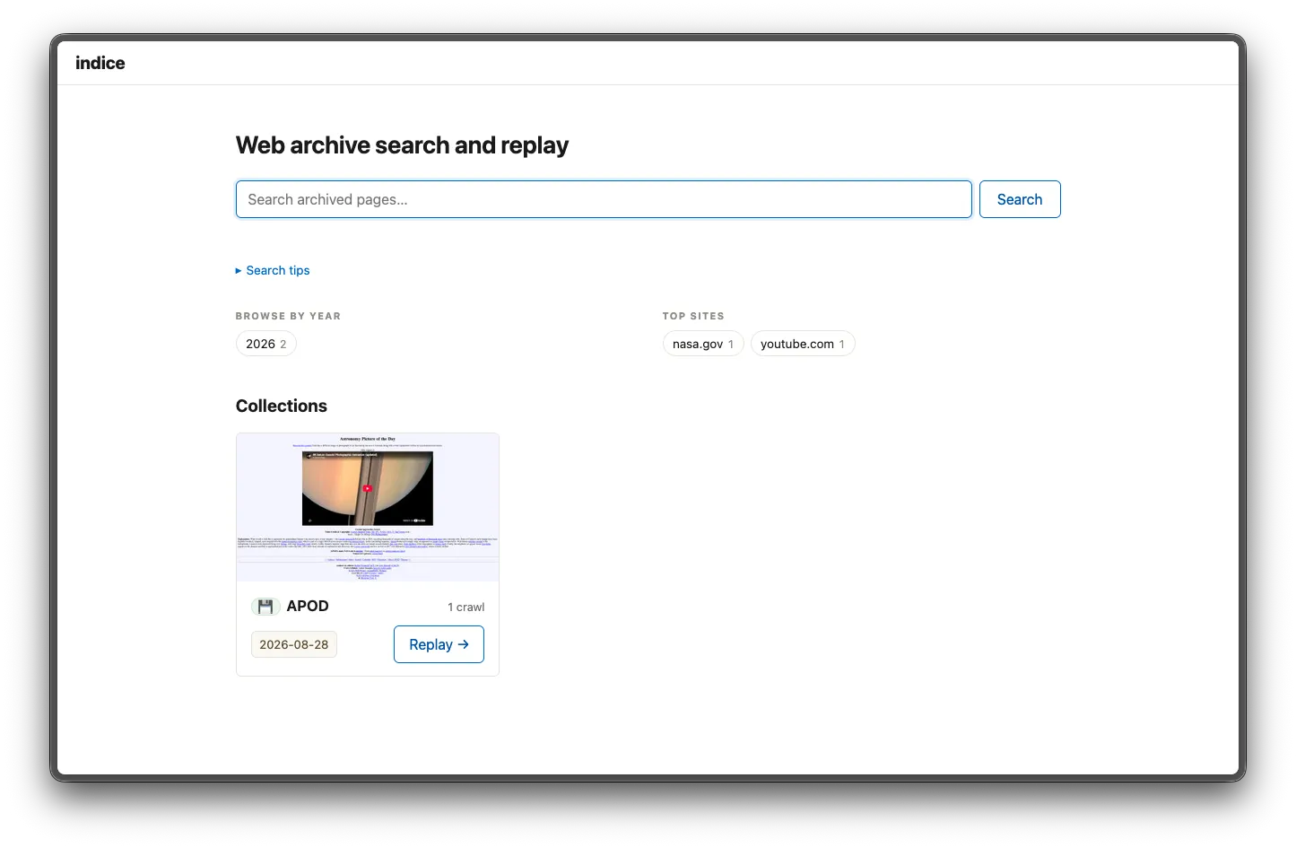 The indice reading-room homepage: a search box, browse-by-year and top-sites entry points, and collection cards