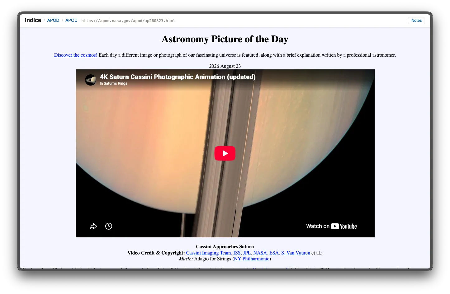 Replaying the APOD web page that contains a Youtube video of Saturn flyby