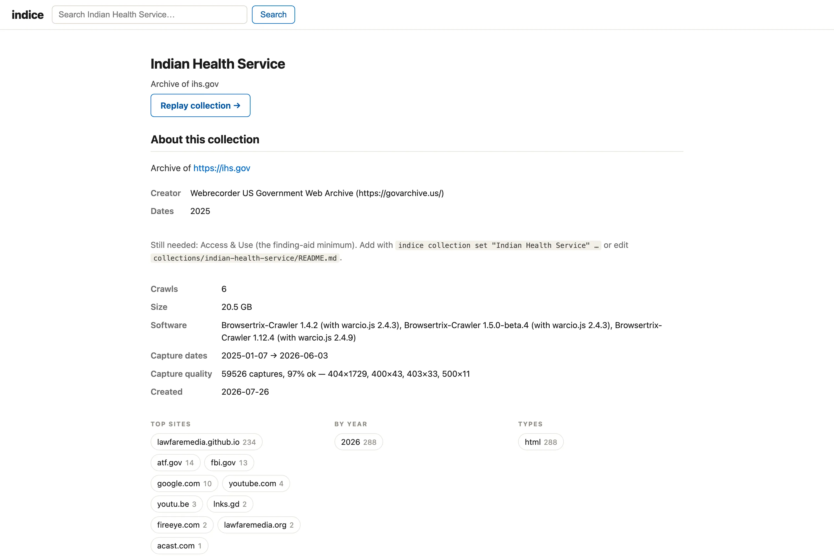 A collection page rendered as a finding aid with creator, dates, rights, subjects, and crawl provenance