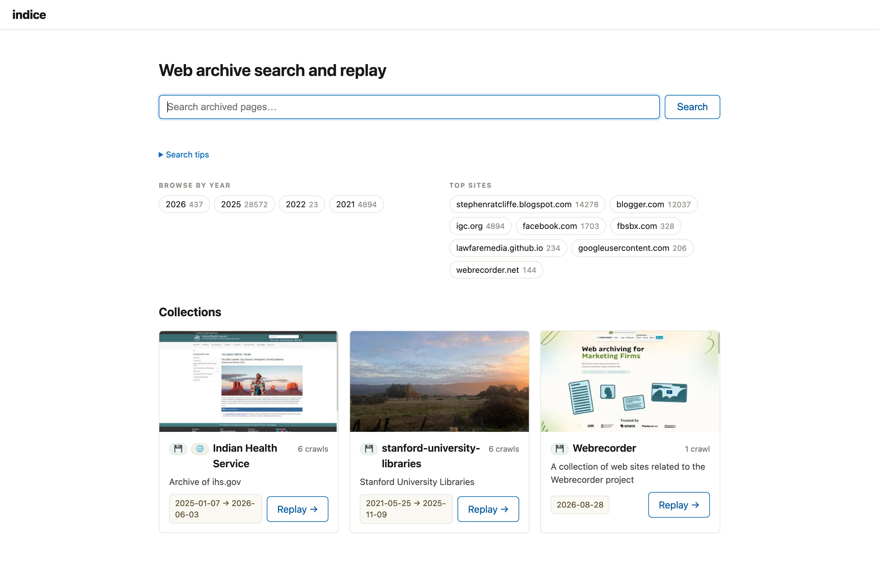 indice homepage: search box, browse-by-year and top-sites, and a collection card