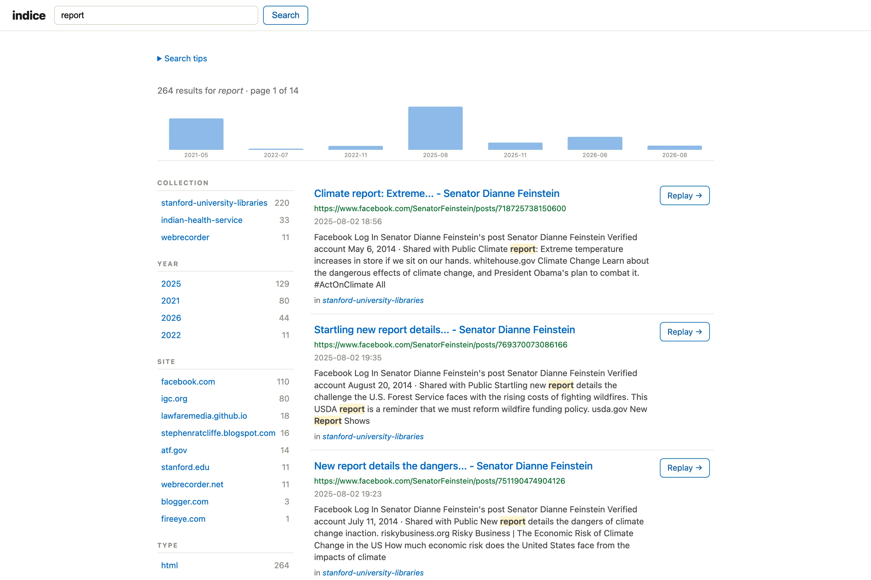 Search results with a faceted sidebar and hit-highlighted snippets